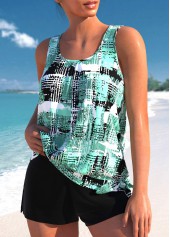 Mint Green swimwear,Black swimwear,Geometric swimwear,ROTITA Bowknot Mint Green Geometric Print Tankini Set