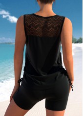 Black swimwear,Grey swimwear,Contrast Color swimwear,ROTITA Criss Cross Patchwork Black Tankini Top