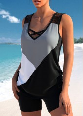 Black swimwear,Grey swimwear,Contrast Color swimwear,ROTITA Criss Cross Patchwork Black Tankini Top