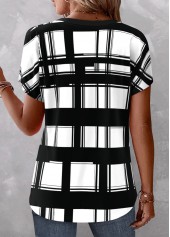 Black tops,White tops,Plaid tops,Geometric tops,Striped tops,ROTITA Button Plaid Black Split Neck T Shirt