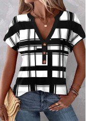 Black tops,White tops,Plaid tops,Geometric tops,Striped tops,ROTITA Button Plaid Black Split Neck T Shirt
