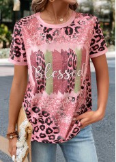 ROTITA T-shirt col rond rose léopard patchwork