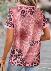 Pink tops,Leopard tops,Letter tops,Geometric tops,ROTITA Patchwork Leopard Pink Round Neck T Shirt