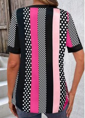 Hot Pink tops,Striped tops,Geometric tops,Dot tops,ROTITA Button Striped Hot Pink Split Neck Blouse