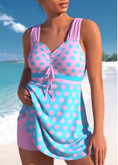 Pink swimwear,Cyan swimwear,Dot swimwear,ROTITA Criss Cross Pink Polka Dot Mid Waisted Swimdress Set