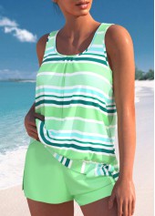 Light Green swimwear,Striped swimwear,Geometric swimwear,ROTITA Bowknot Light Green Multi Stripe Print Tankini Set