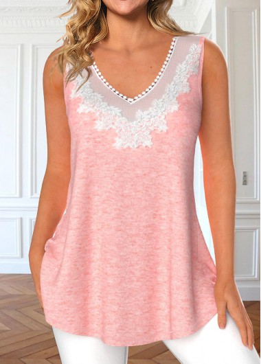 Light Pink tops,Plain Color tops,ROTITA Lace Light Pink V Neck Tank Top