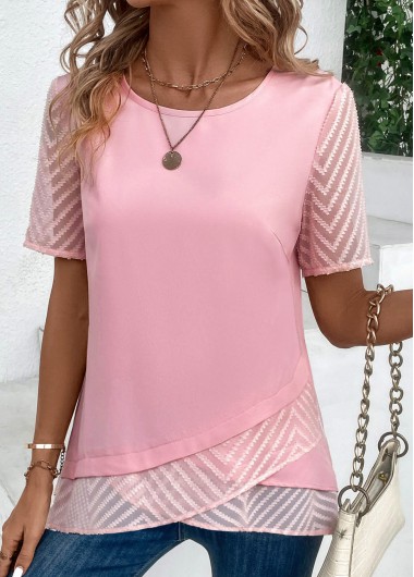 Pink tops,Plain Color tops,ROTITA Cross Hem Pink Round Neck Short Sleeve Blouse