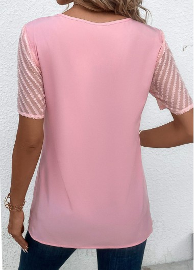 Pink tops,Plain Color tops,ROTITA Cross Hem Pink Round Neck Short Sleeve Blouse