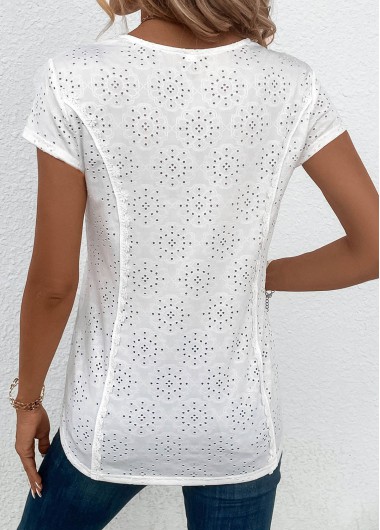 White tops,Plain Color tops,ROTITA Patchwork White Scoop Neck Short Sleeve Blouse