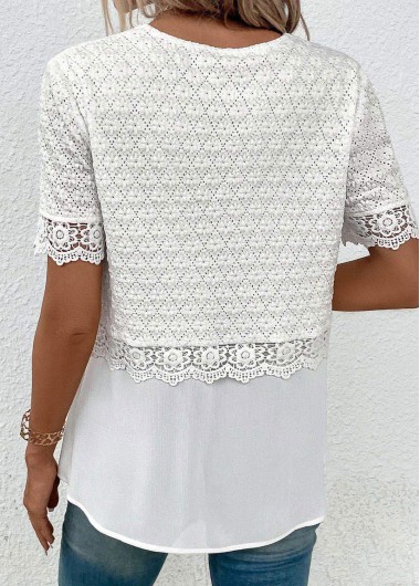 White tops,Plain Color tops,ROTITA Fake 2in1 White Round Neck Short Sleeve Blouse