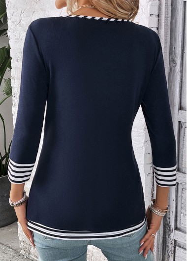 Navy tops,White tops,Striped tops,Geometric tops,ROTITA Fake 2in1 Striped Navy V Neck T Shirt