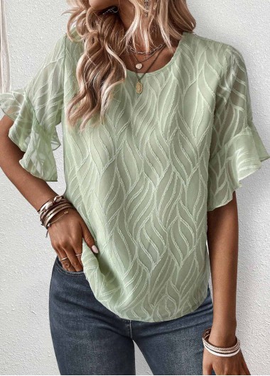 Sage Green tops,Plain Color tops,ROTITA Ruffle Sage Green Round Neck Short Sleeve Blouse