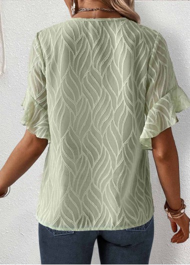 Sage Green tops,Plain Color tops,ROTITA Ruffle Sage Green Round Neck Short Sleeve Blouse