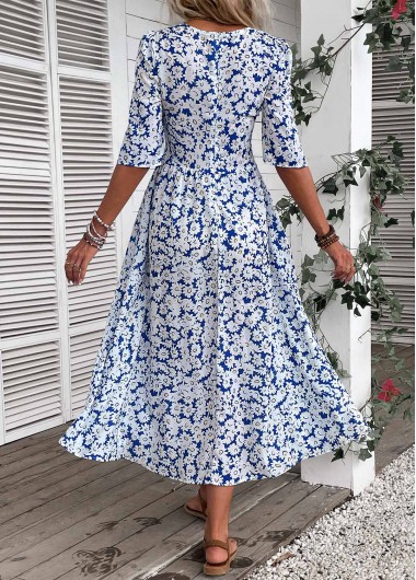 Blue dresses,White dresses,Ditsy Floral dresses,Vacation dresses,Vacation dresses,ROTITA Smocked Ditsy Floral Print Blue Round Neck Dress