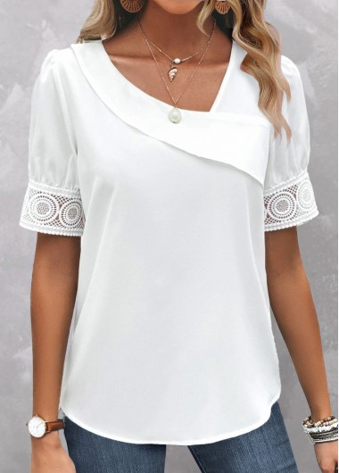 White tops,Plain Color tops,ROTITA Patchwork White Asymmetrical Neck Short Sleeve Blouse