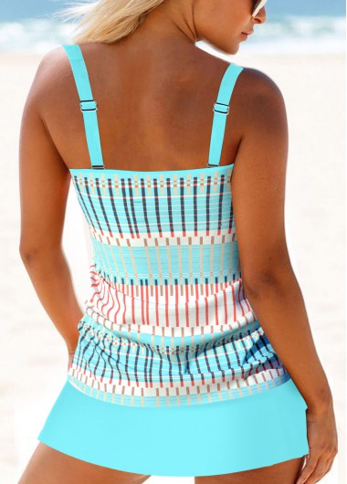 Light Blue swimwear,Geometric swimwear,Striped swimwear,ROTITA Drawstring Light Blue Geometric Print Tankini Set