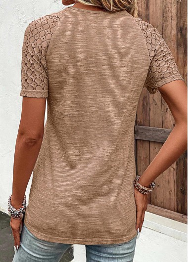Dark Camel tops,Plain Color tops,ROTITA Lace Dark Camel V Neck T Shirt