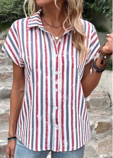 Rotita Plus Size Button Multi Color Striped Blouse