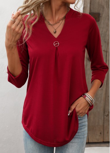 Wine Red tops,Plain Color tops,ROTITA Circular Ring Wine Red Split Neck T Shirt