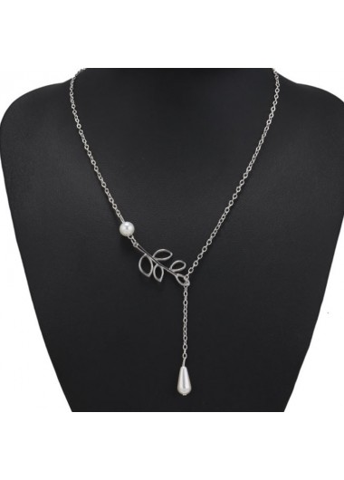 Silvery White jewelry,Other jewelry,Leaf Pearl Asymmetric Hollow Silvery White Necklace