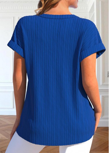 Royal Blue tops,Plain Color tops,ROTITA Button Royal Blue Split Neck Short Sleeve Blouse