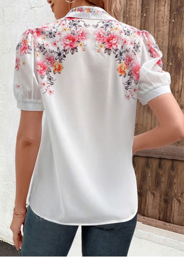 White tops,Floral tops,Plants tops,ROTITA Valentine's Day Button Floral Print White Shirt Collar Blouse