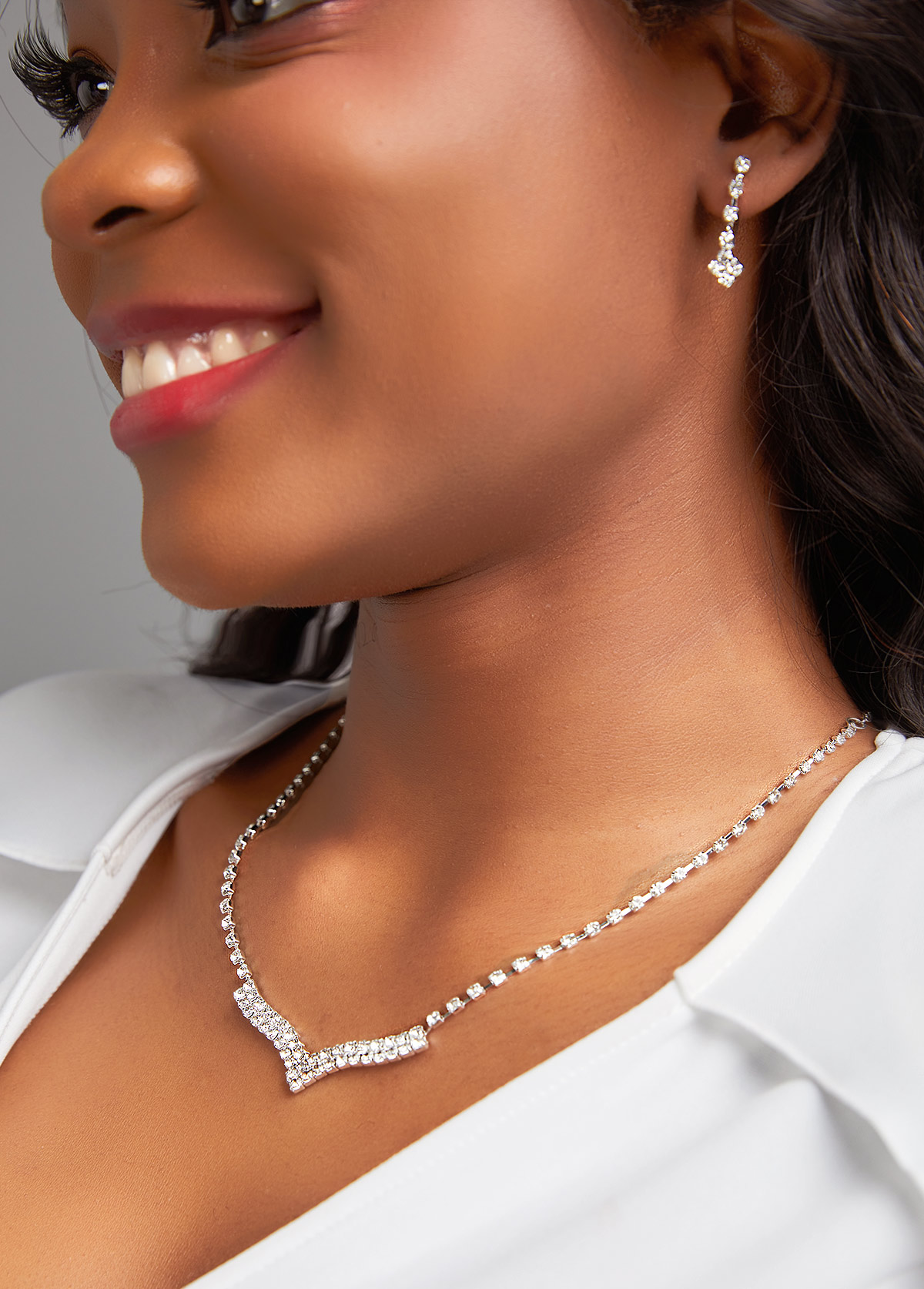 Silver V Shape Zircon Earrings and Necklace