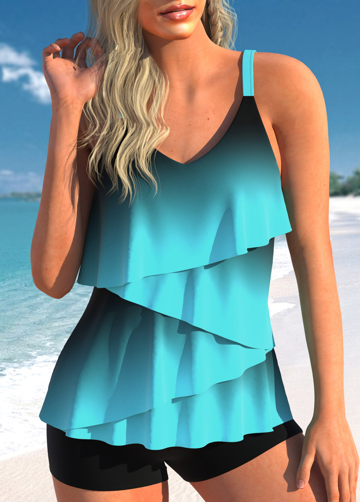 ROTITA Layered Hem Cyan Ombre Tankini Top-No Bottom