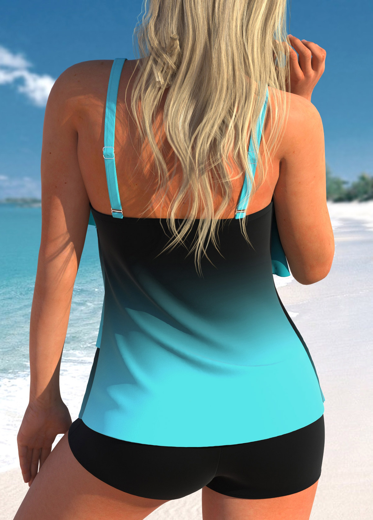 Cyan swimwear,Ombre swimwear,ROTITA Layered Hem Cyan Ombre Tankini Top