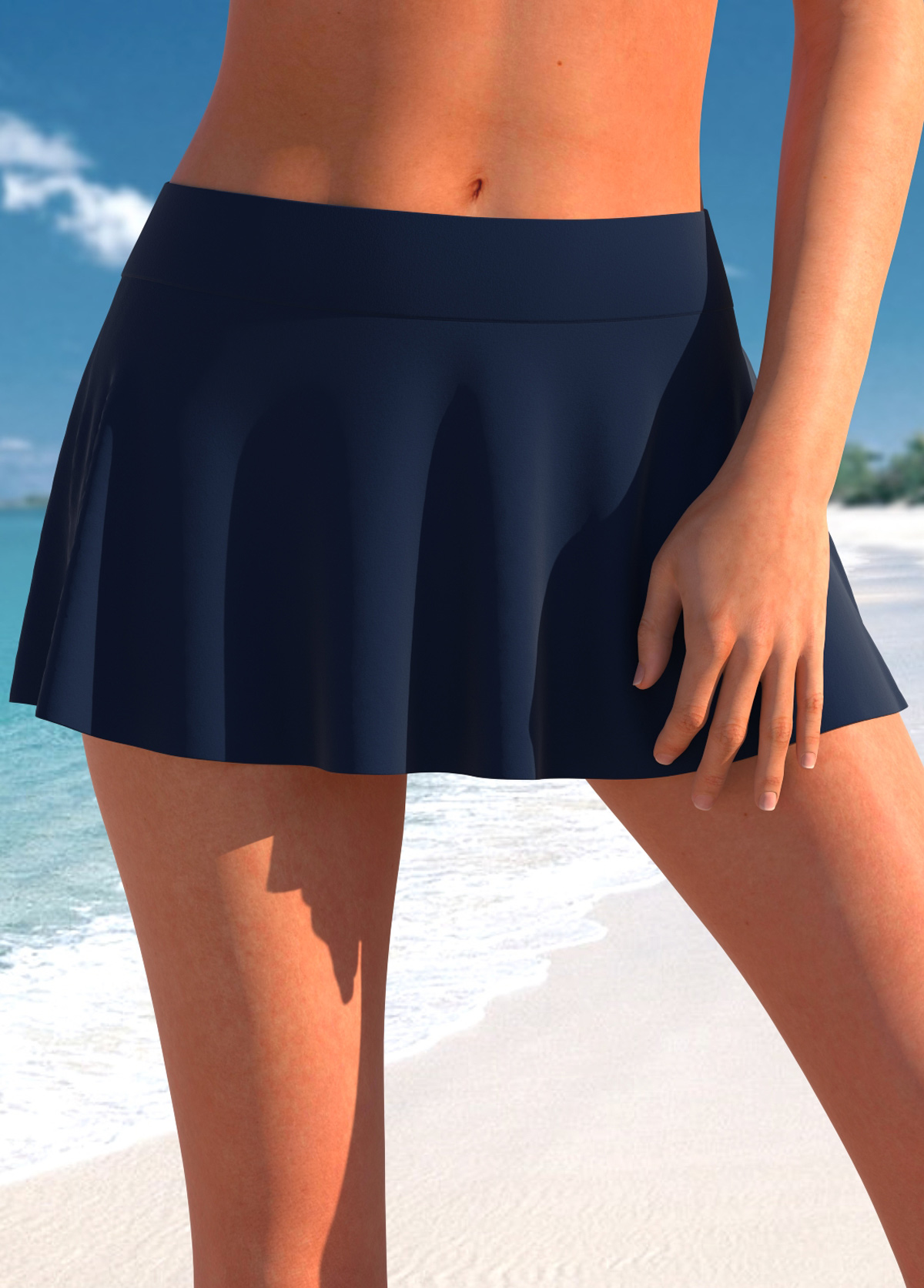 Navy swimwear,Plain Color swimwear,ROTITA Navy High Stretchy Mid Waisted Pantskirt