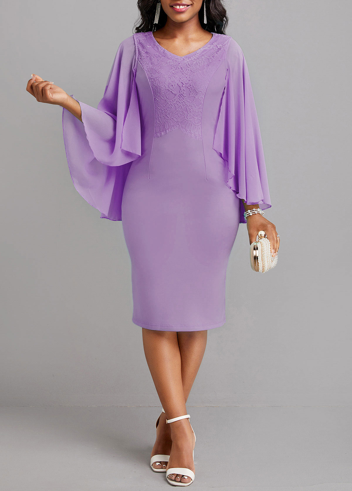 Rotita Patchwork-Neonviolettes figurbetontes Kleid mit V-Ausschnitt