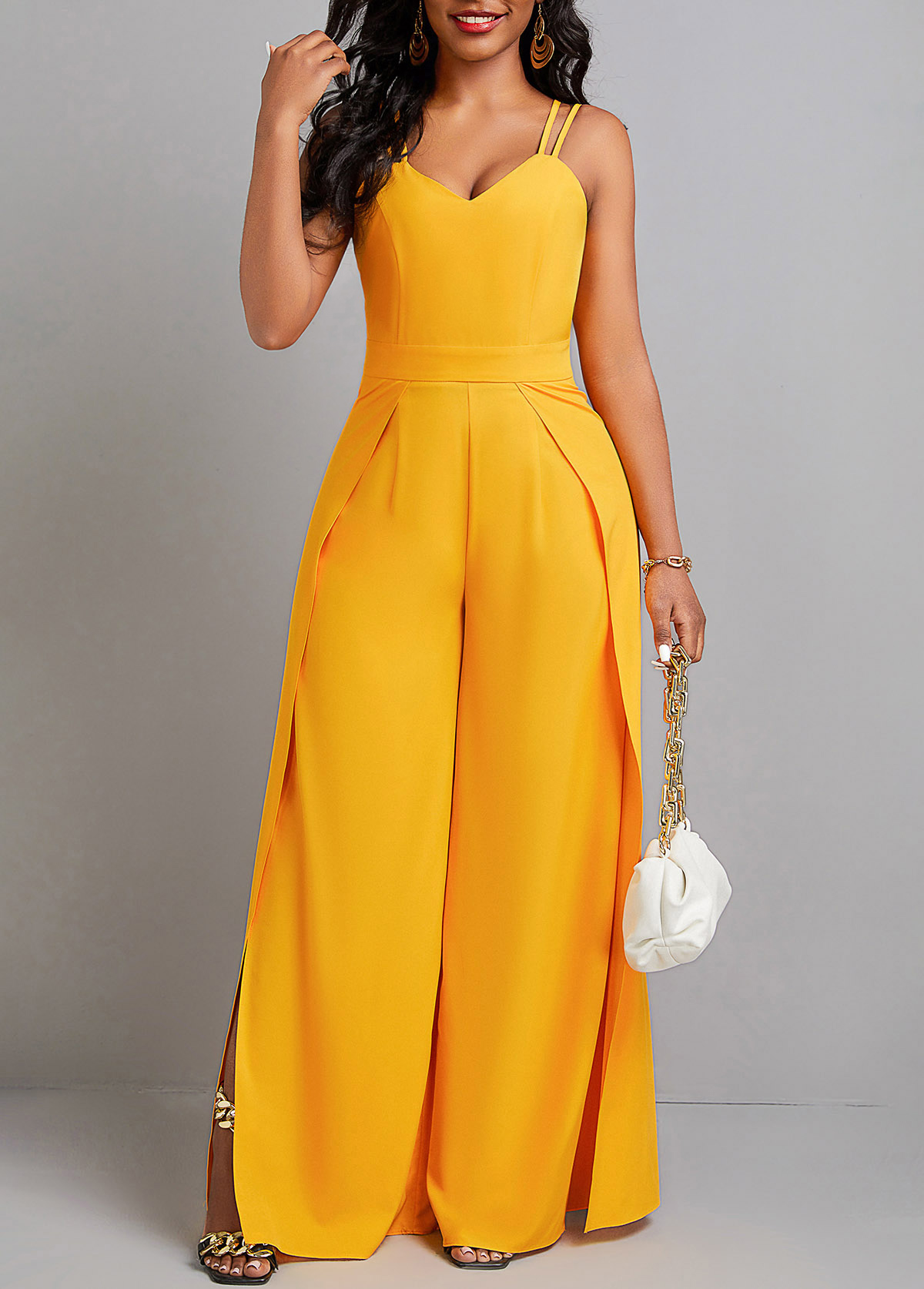 ROTITA Split Yellow Ankle Length Heart Collar Sleeveless Jumpsuit