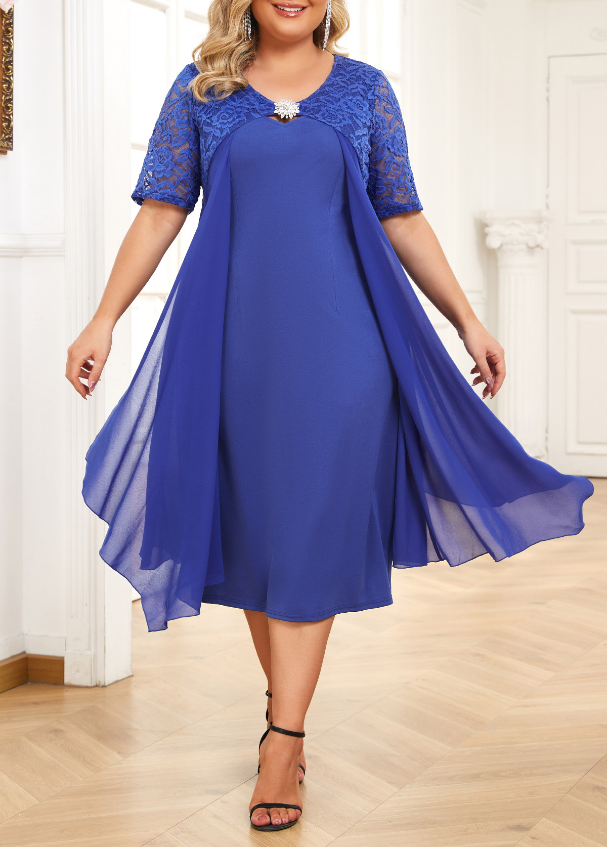 ROTITA Plus Size Patchwork Blue Round Neck Bodycon Dress