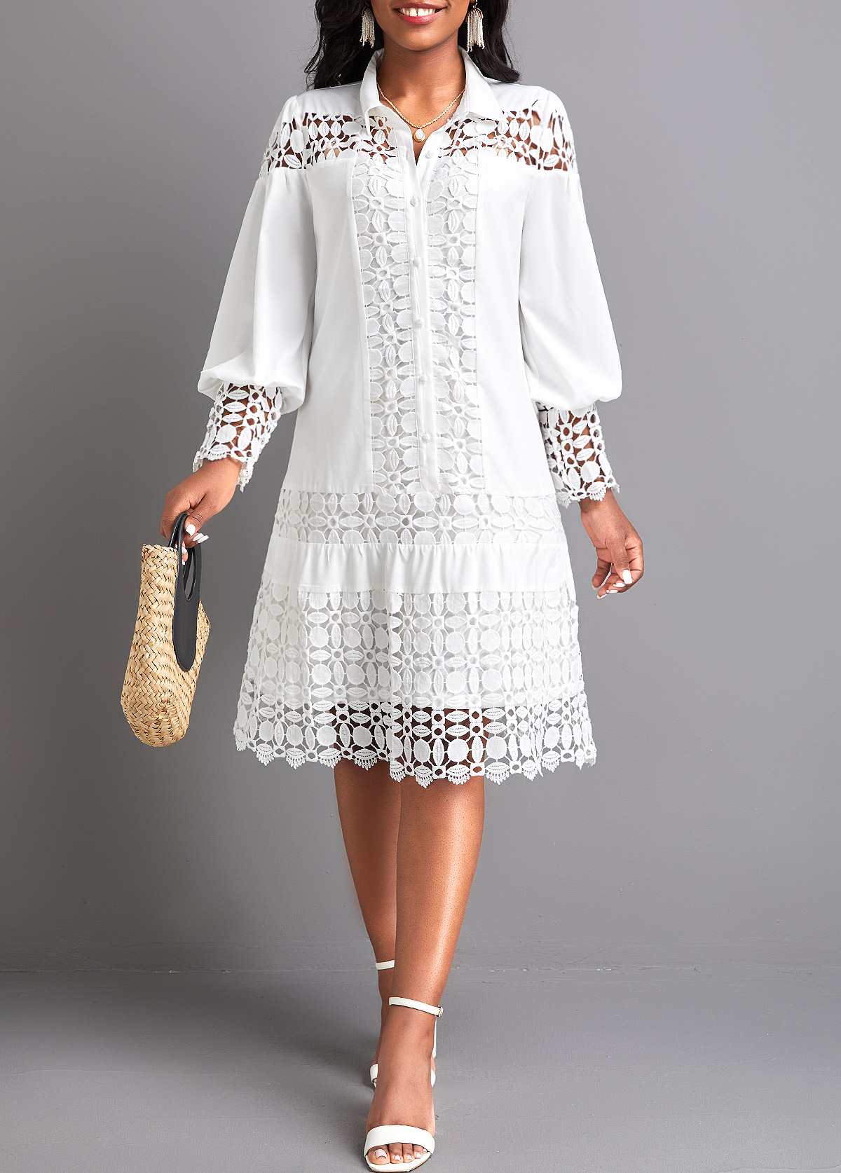 ROTITA Lace Patchwork White Shirt Collar Dress