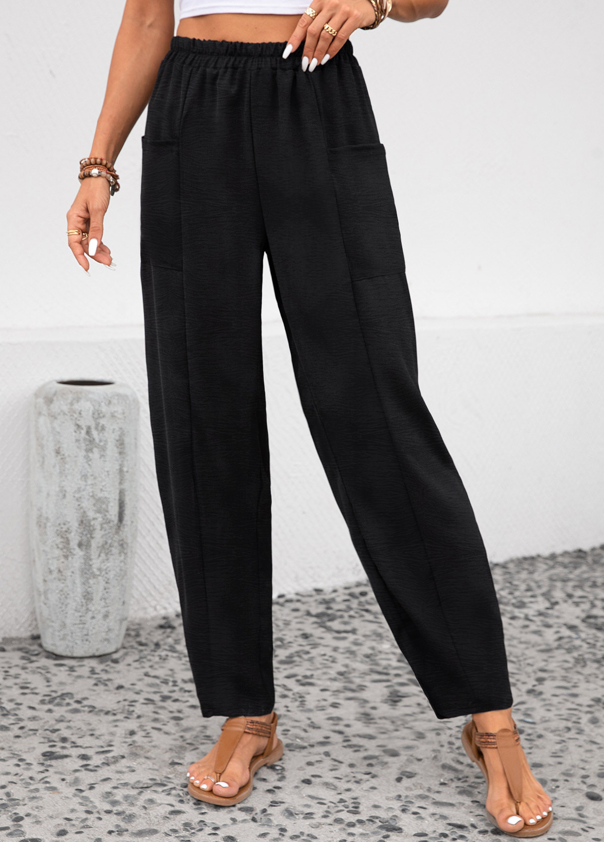 Pocket Black Elastic Waist High Waisted Pants