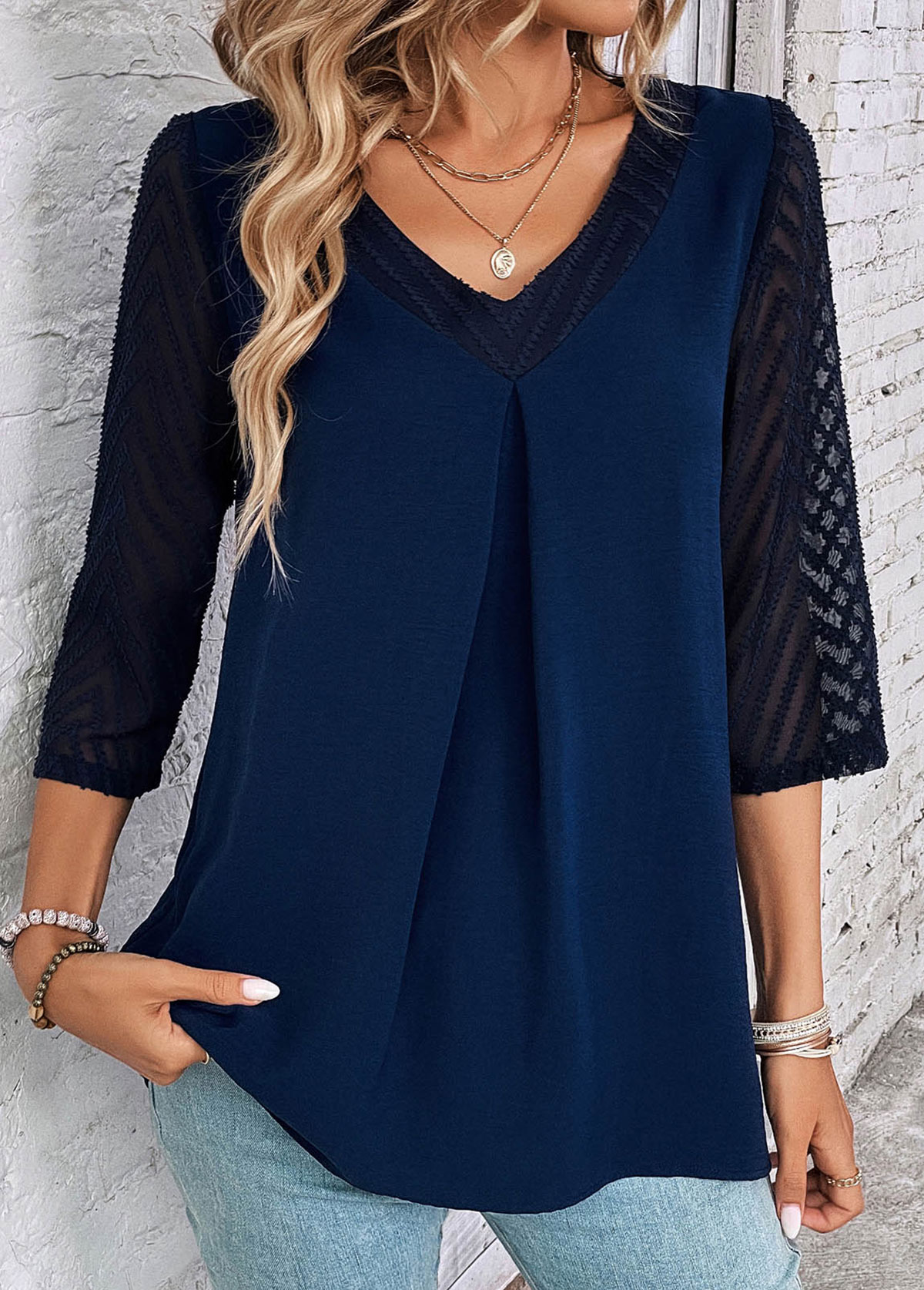 ROTITA Patchwork Navy V Neck Lace Blouse