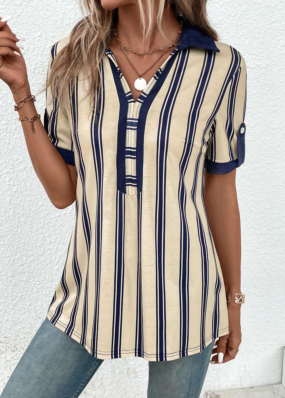 ROTITA Patchwork Striped Beige Shirt Collar Short Sleeve Blouse ...