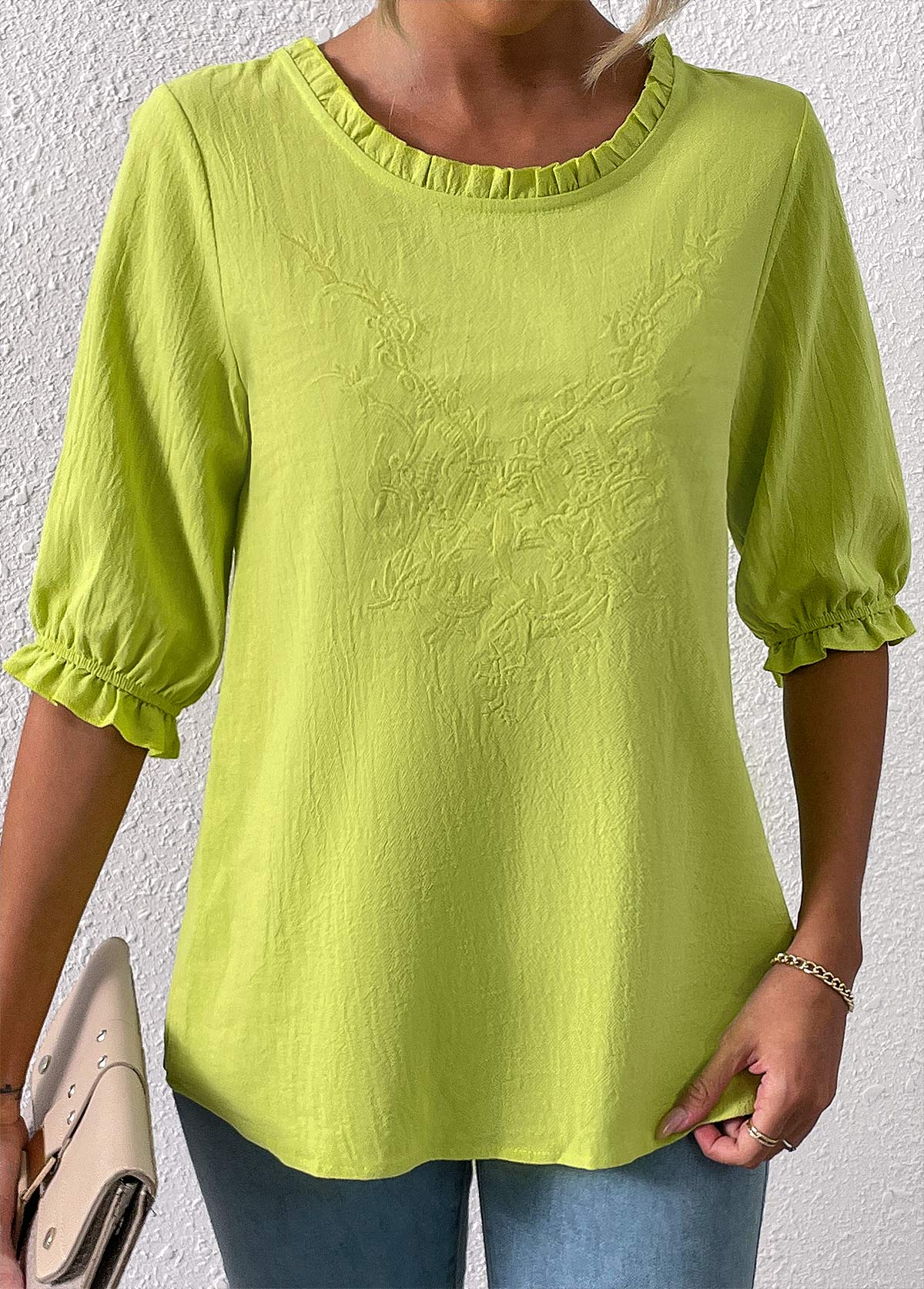Embroidery Grass Green Round Neck Blouse