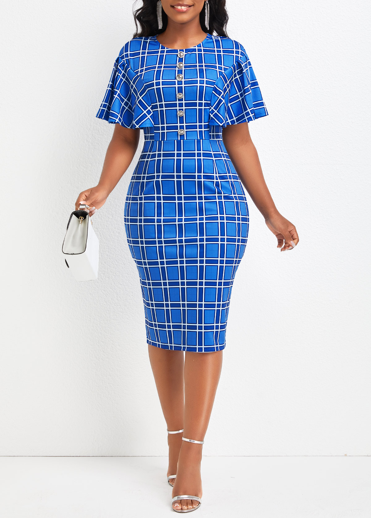 ROTITA Button Plaid Blue Round Neck Bodycon Dress