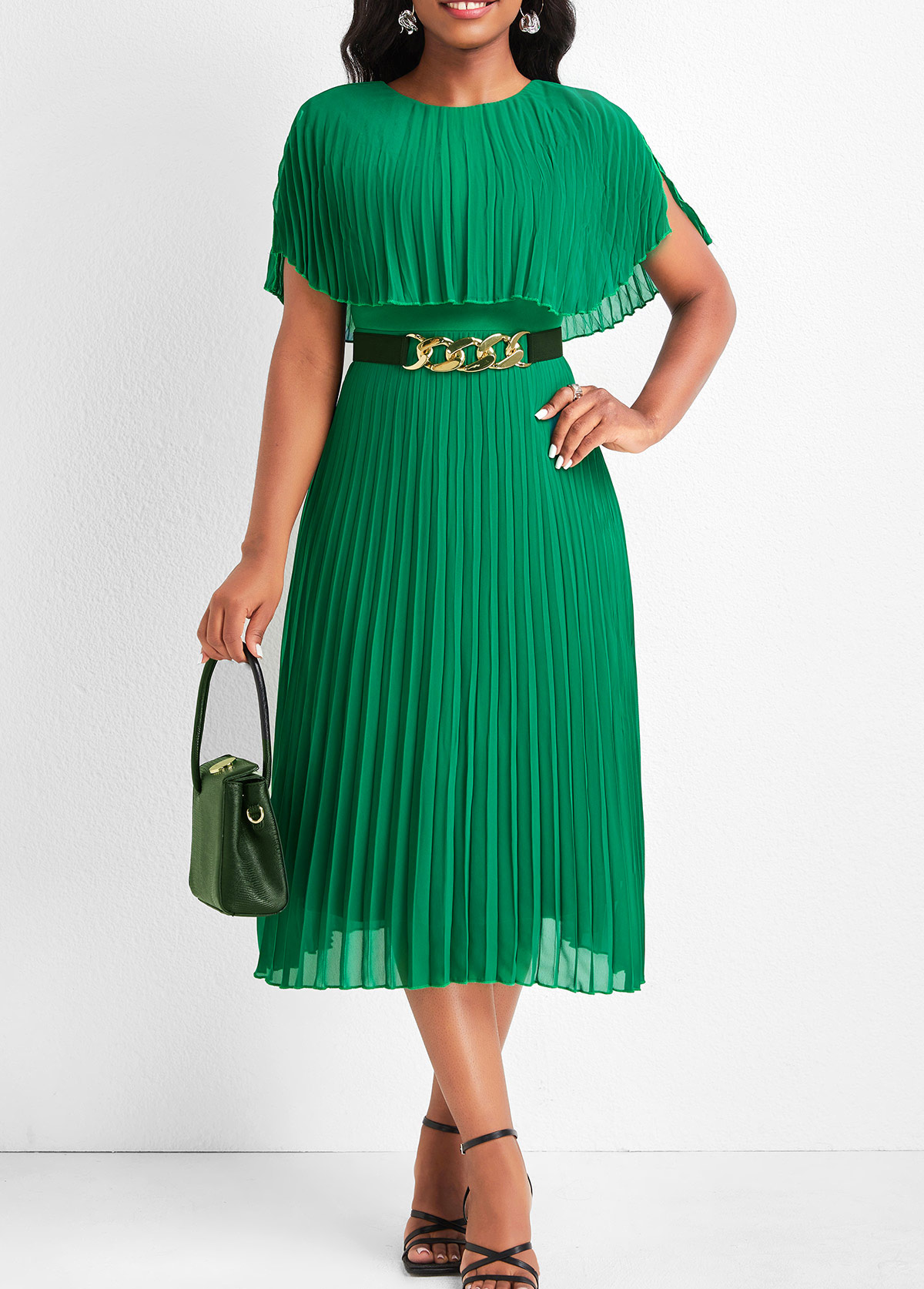 ROTITA Pleated Green Round Neck Short Sleeve Dress