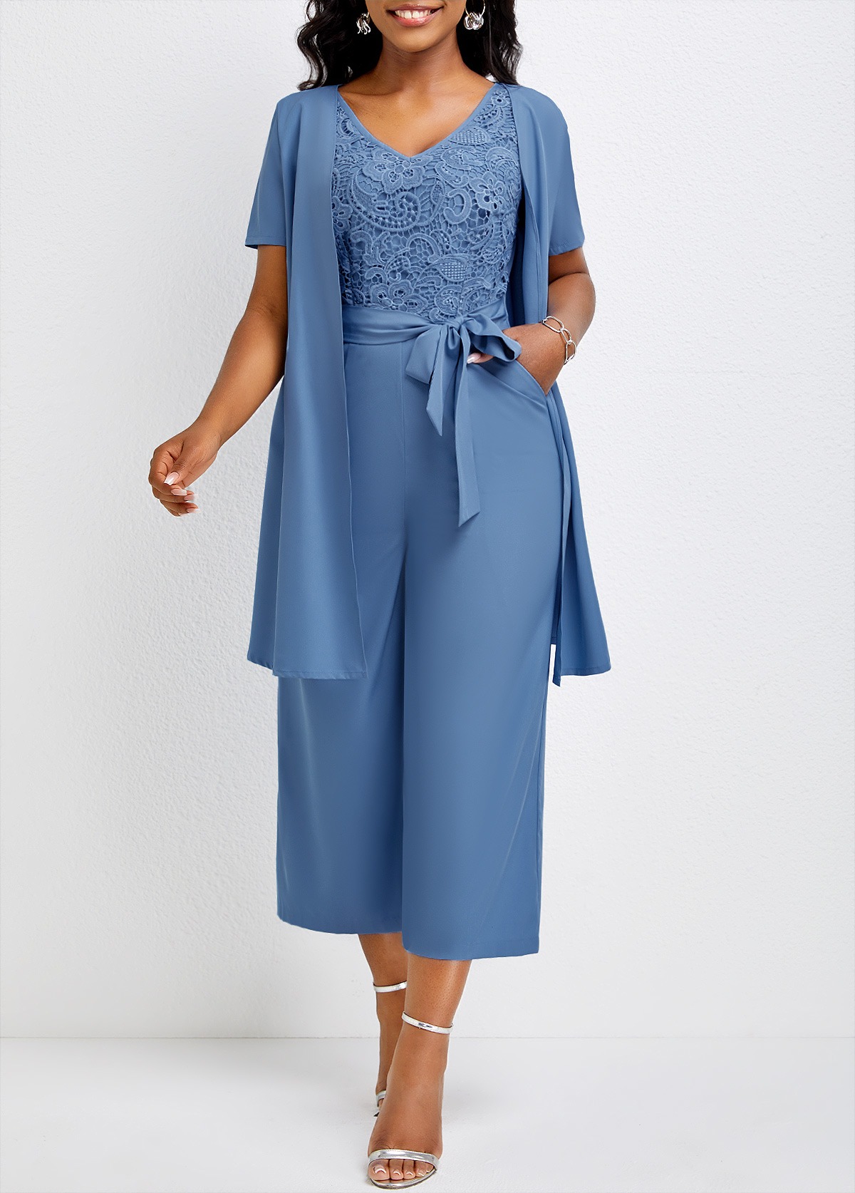 ROTITA Bowknot Dusty Blue Capri V Neck Jumpsuit