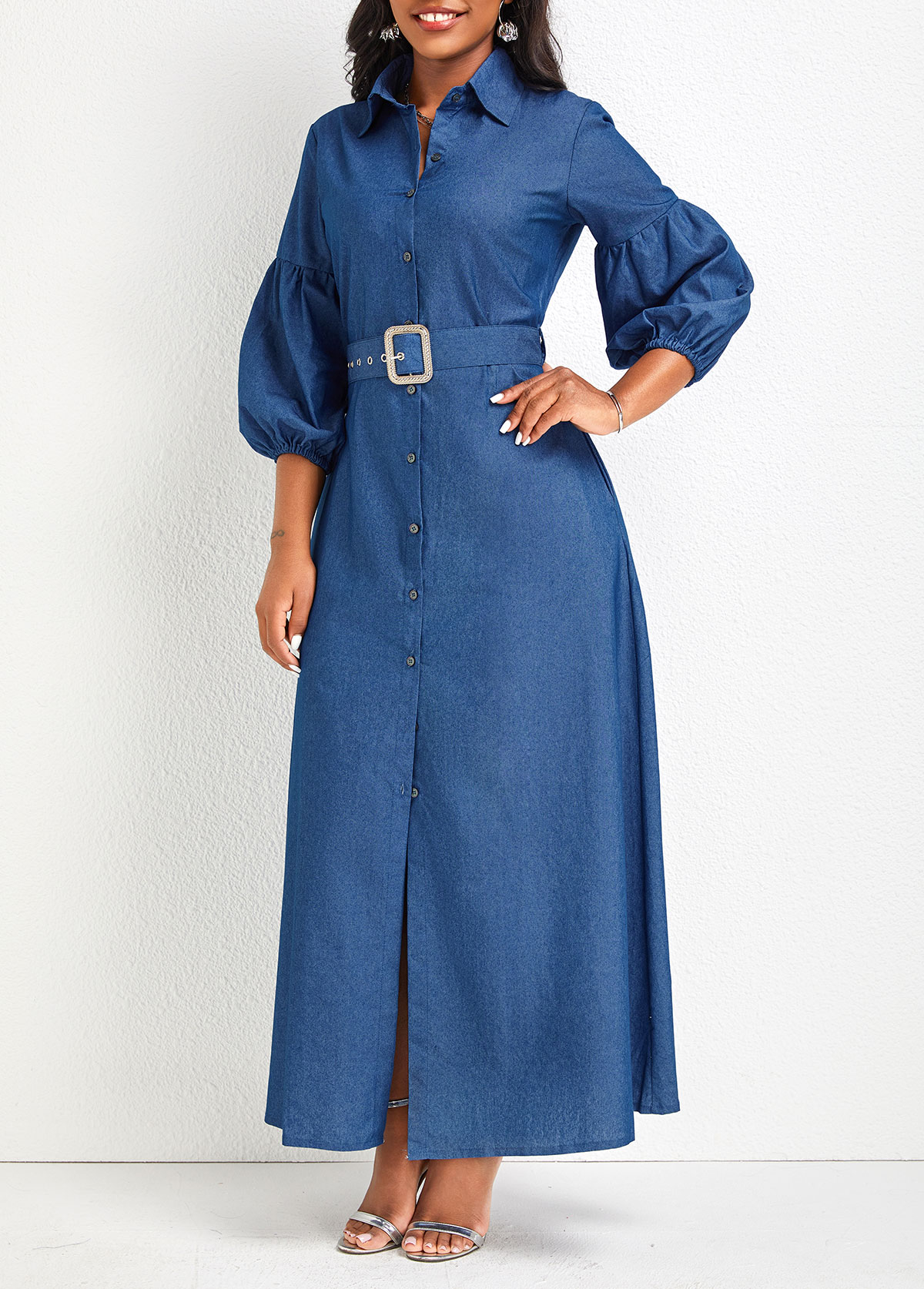 Button Denim Blue Belted Shirt Collar Maxi Dress