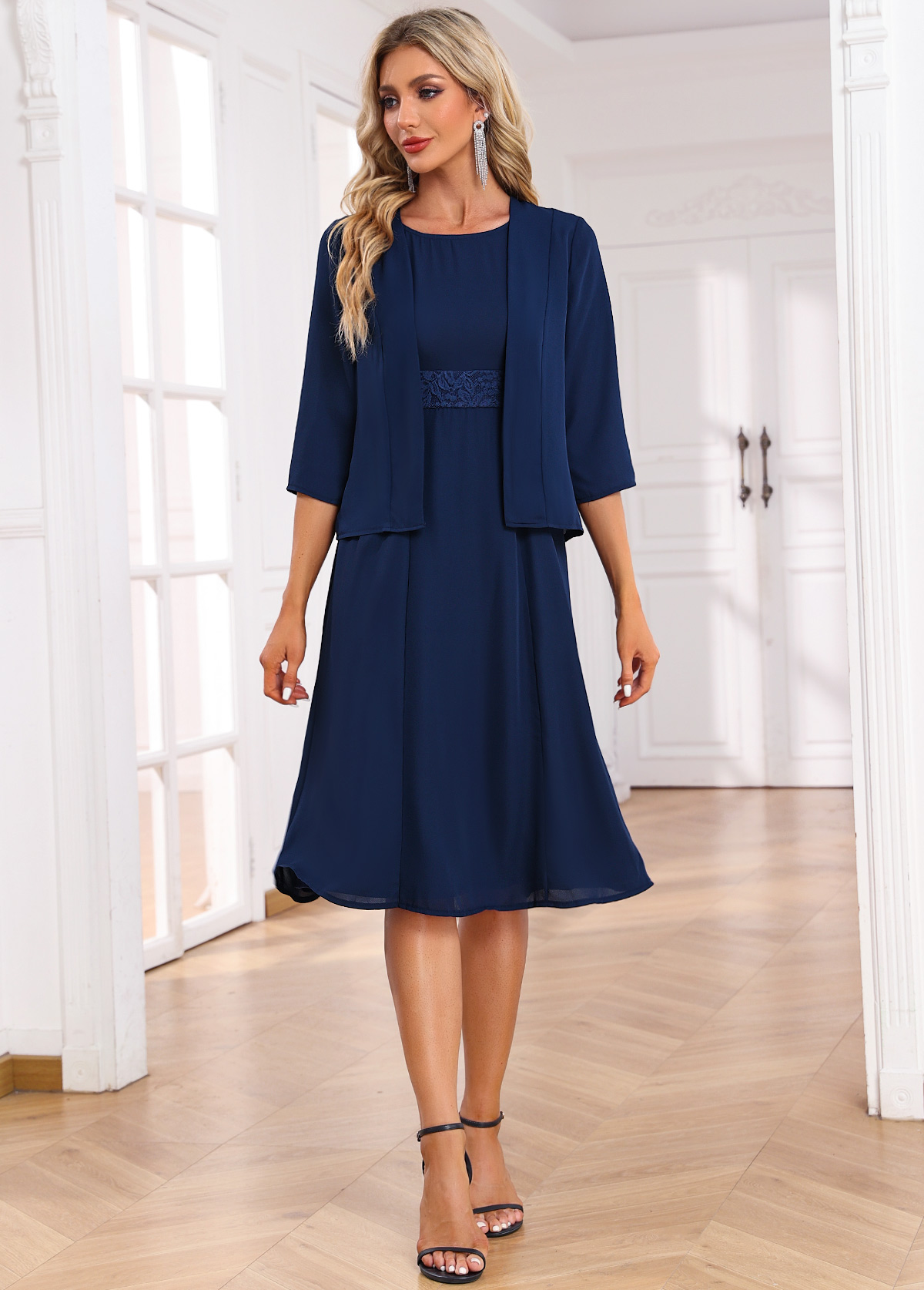 ROTITA Two Piece Navy Boat Neck Dress and Cardigan