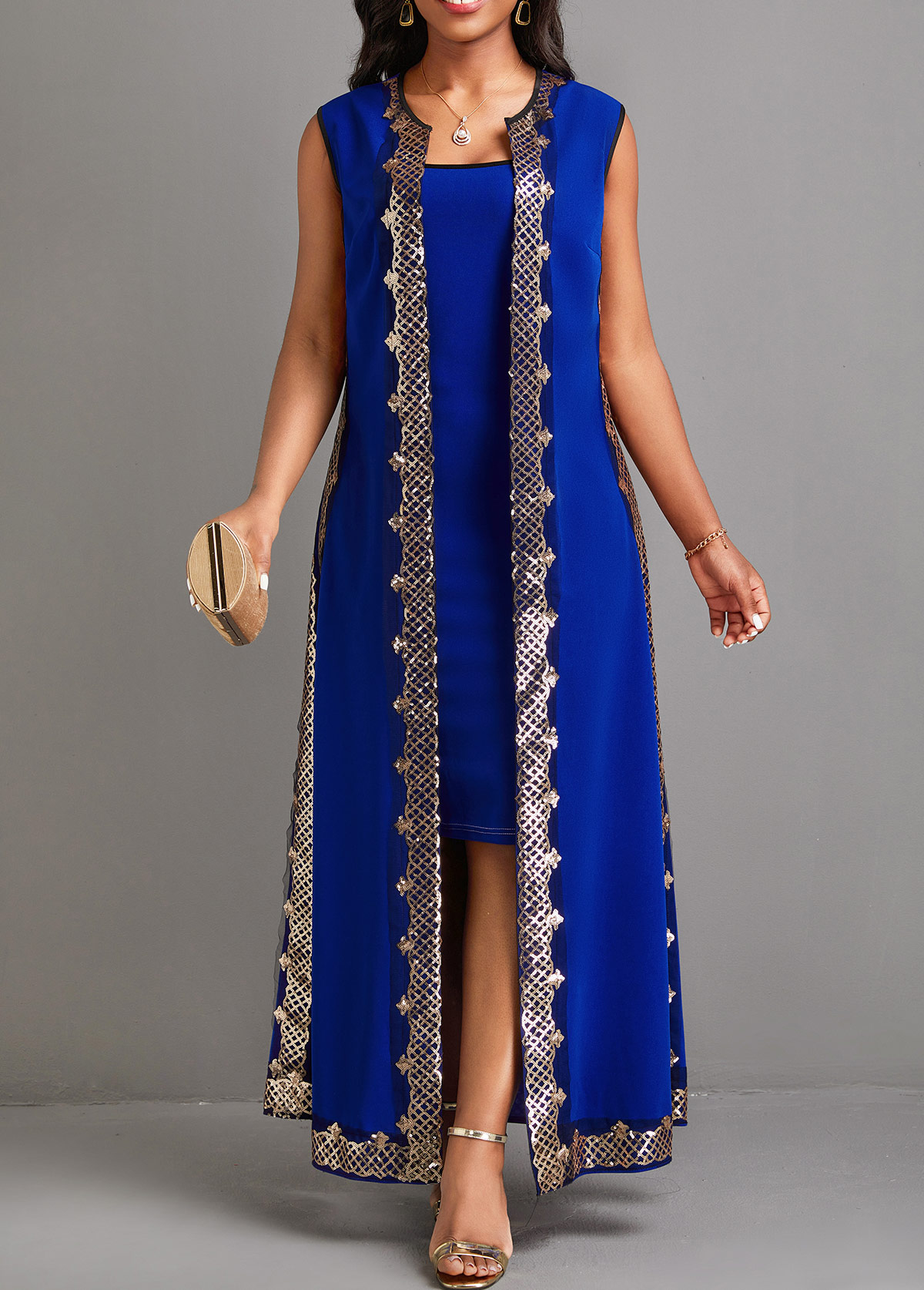 ROTITA Patchwork Sequin Blue Two Piece Suit Maxi Dress