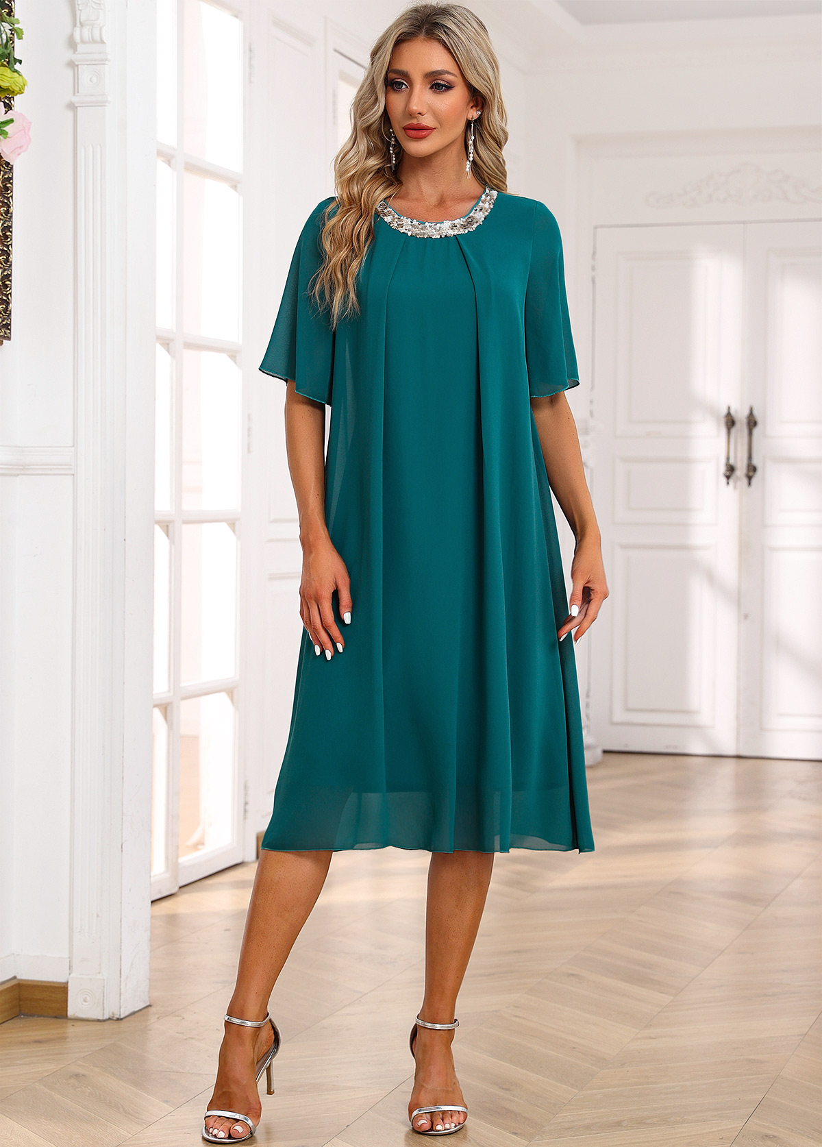 ROTITA Mesh Round Neck Turquoise Shift Dress