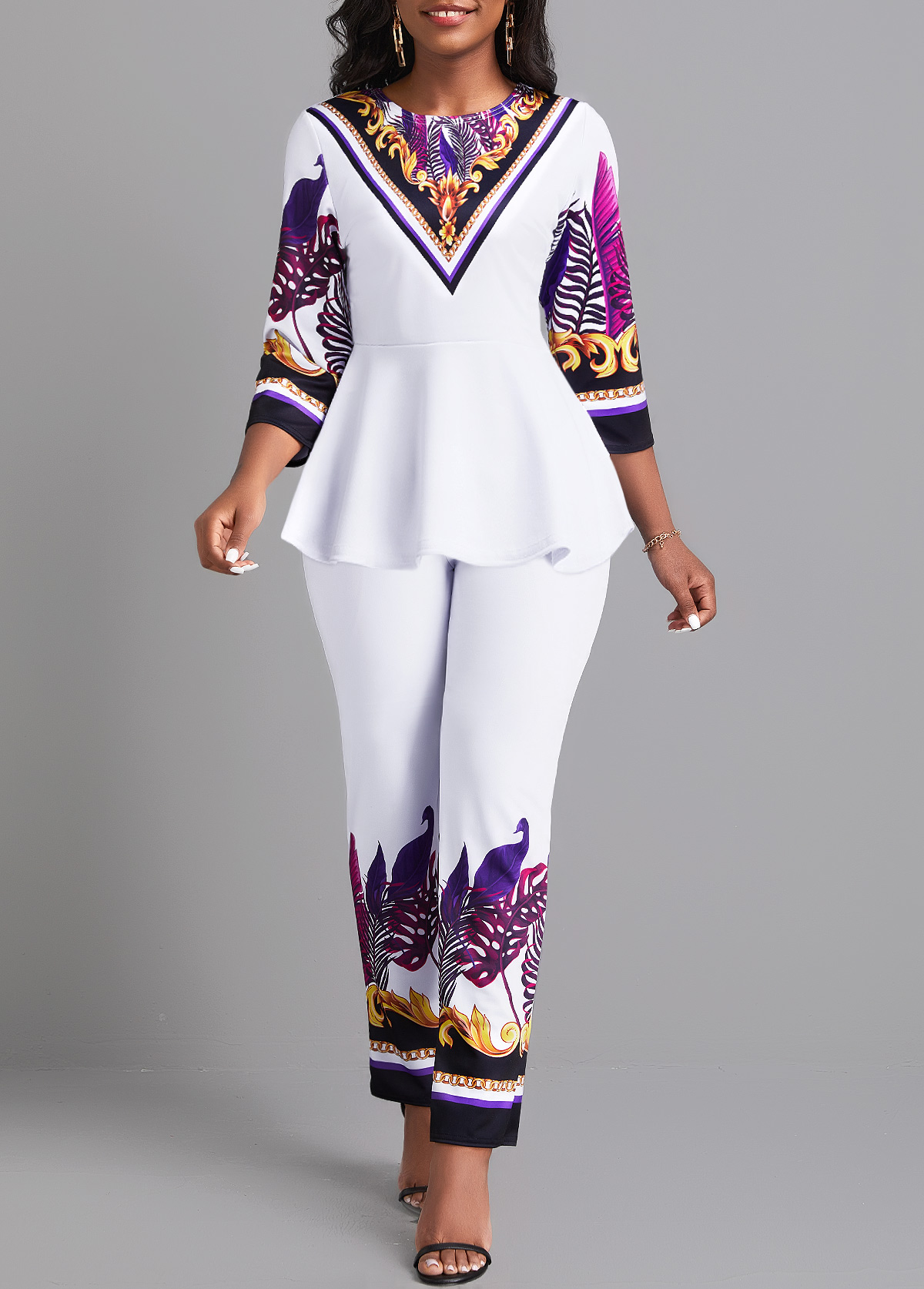 ROTITA Ruffle Leaf Print White Ankle Length Top and Pants
