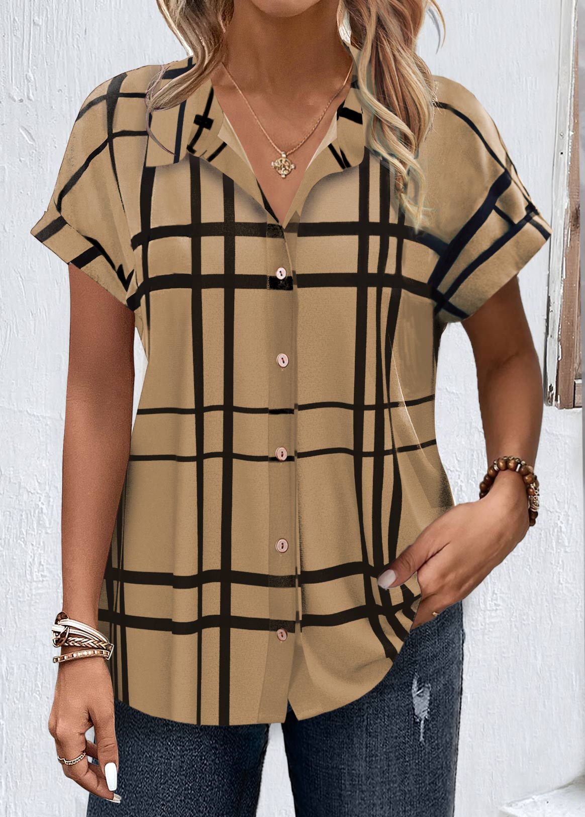 ROTITA Button Plaid Dark Coffee Shirt Collar Blouse