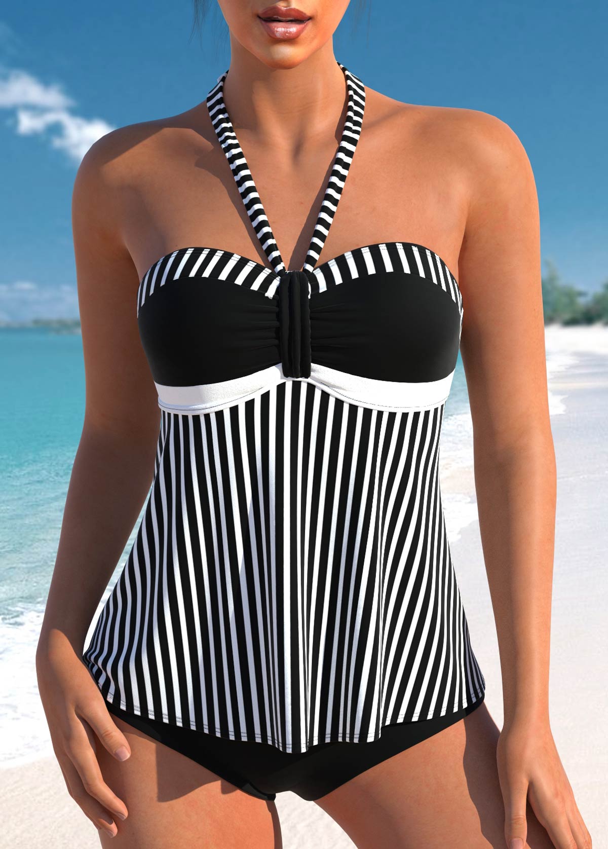 ROTITA Patchwork Ruched Black Striped Tankini Top-No Bottom