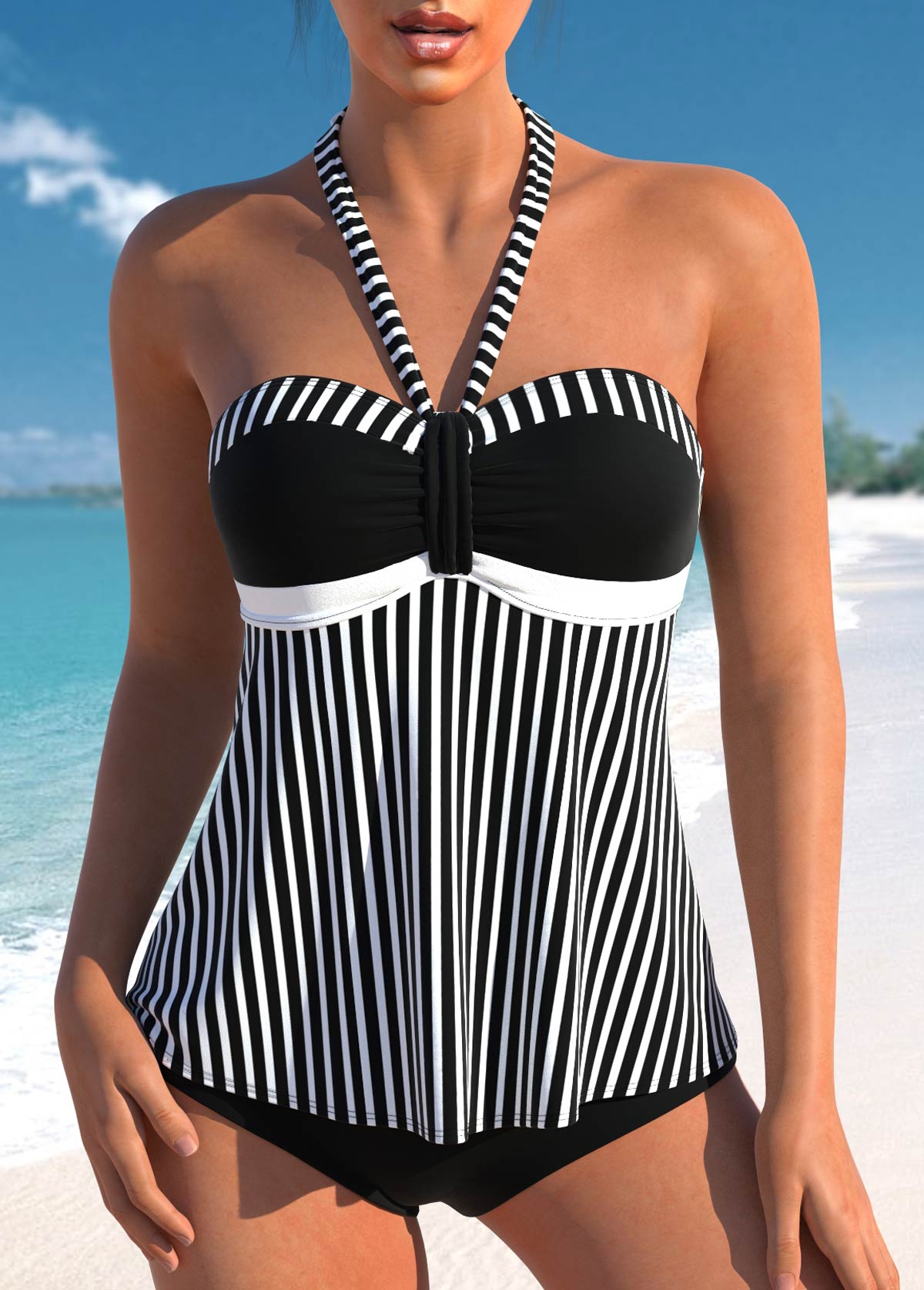 Patchwork Ruched Black Striped Tankini Set